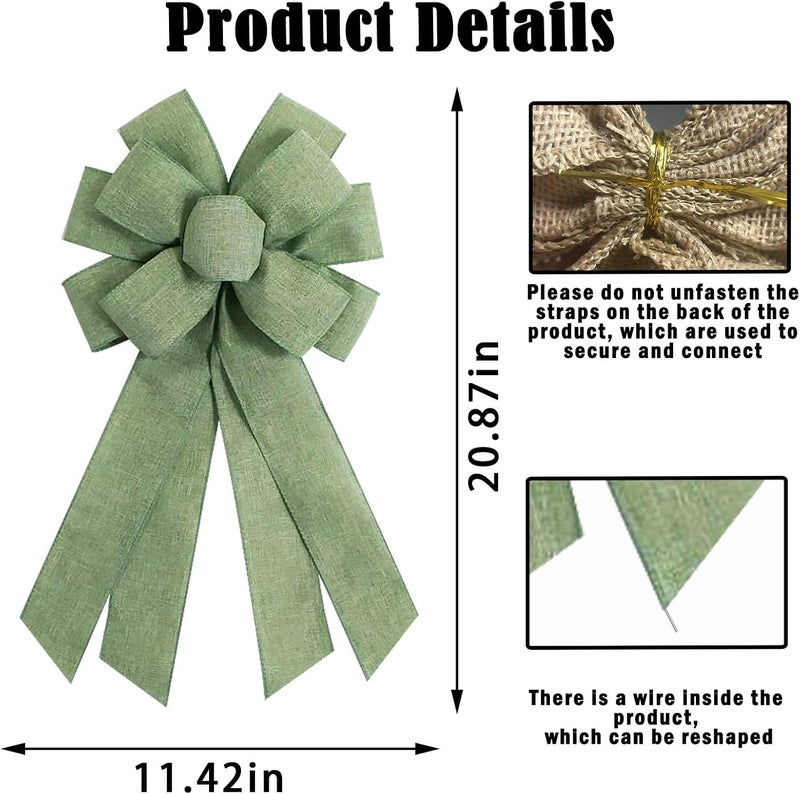 chmacura Sage Green Burlap Wreath Bow 20 x 11 Inches Birthday Bows Baby Shower Farmhouse Ribbon Bow Tree Ornament for Home Front Door Decorations - Image 2