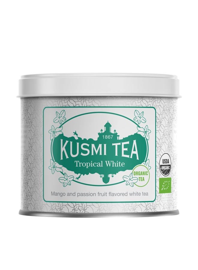 Kusmi Tea - White Tea Bio Tropical White - Mango Passion Fruit - Metal Tea Tin 90g - 40 Cups - Ideal for Iced Tea - Image 1