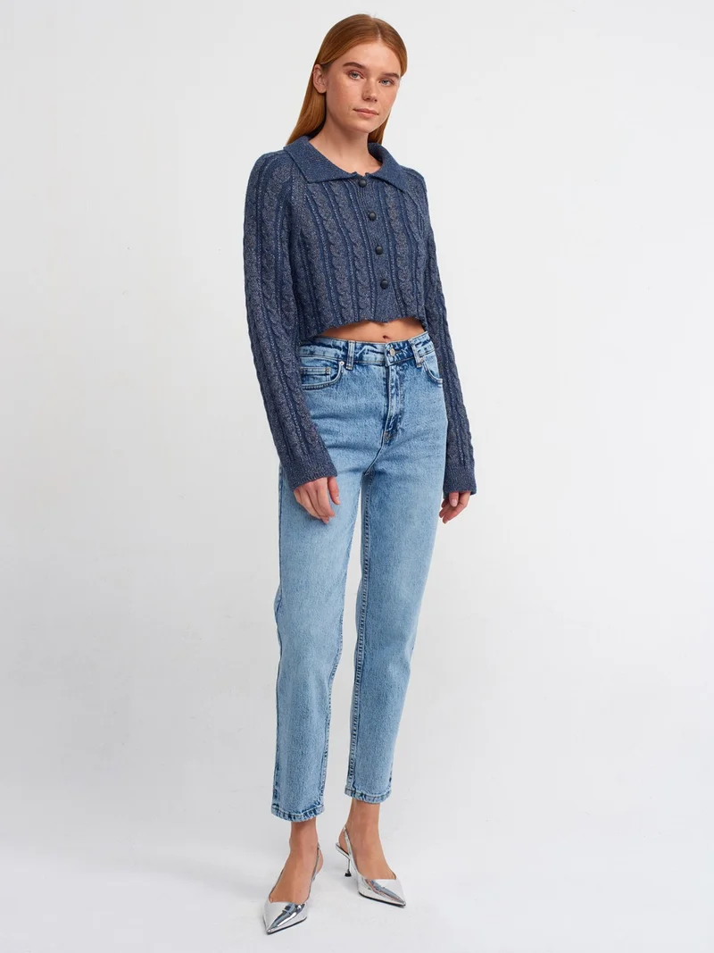 ديلفين 60203 Polo Collar Buttoned Glitter Crop Knitwear Cardigan-Indigo-S.