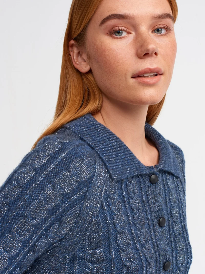 ديلفين 60203 Polo Collar Buttoned Glitter Crop Knitwear Cardigan-Indigo-S.