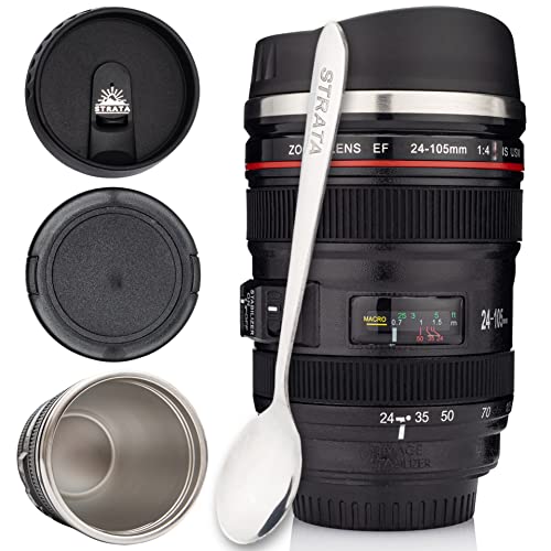 STRATA CUPS Camera Lens Coffee Mug -13.5oz | (2 LIDS + SPOON + BAG) Gift for Him, Dad Gifts, Photography, Camera accessories, Novelty Gifts - Image 1