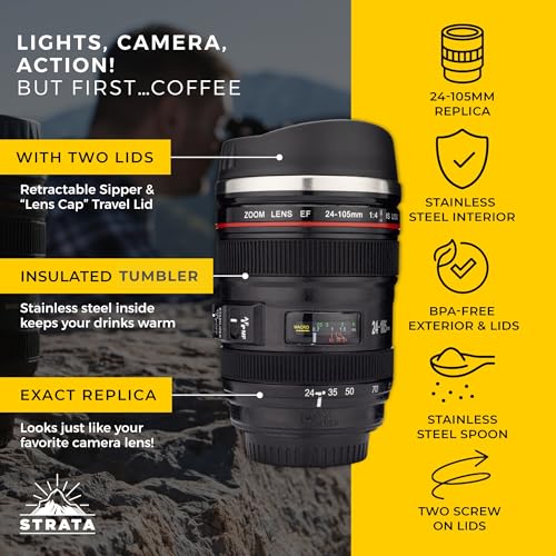 STRATA CUPS Camera Lens Coffee Mug -13.5oz | (2 LIDS + SPOON + BAG) Gift for Him, Dad Gifts, Photography, Camera accessories, Novelty Gifts - Image 5