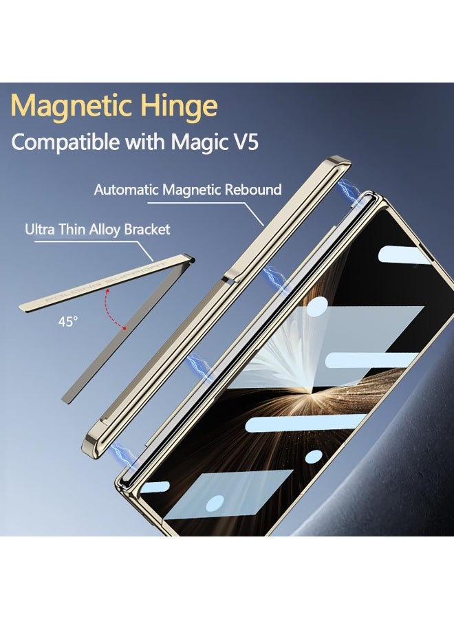 for Honor Magic V5 Case 【Wireless Charging Friendly】 Rugged Shockproof PU Leather Protective Phone Cover W Kickstand+Magnetic Hinge Protection+Built-in Screen Protector Stand Case - Image 3