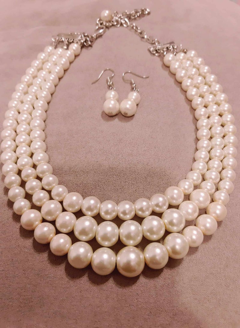 RA accessories Women Set Of Necklace & Earrings Off White Pearls Multi Layered 