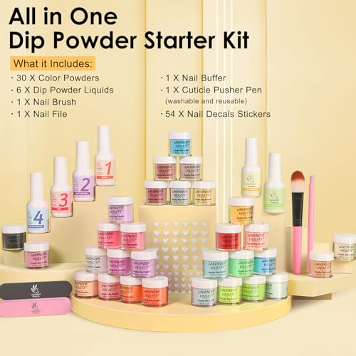 Lavender Violets 94Pcs Dip Powder Nail Kit Starter, 30 Neon Colors Red Purple Green Orange Yellow with Dipping Powder Liquid Set and Nail Art Tool for Colorful DIY Manicure B703 - Image 4