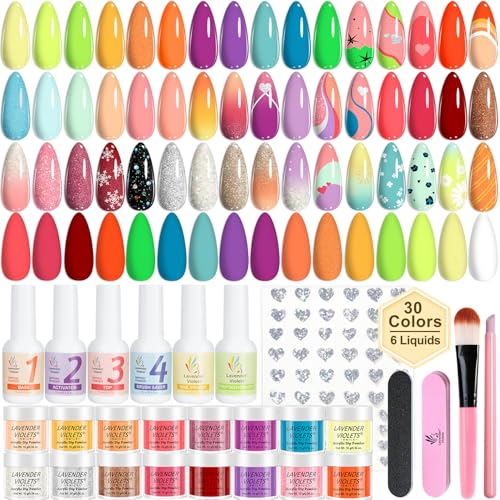 Lavender Violets 94Pcs Dip Powder Nail Kit Starter, 30 Neon Colors Red Purple Green Orange Yellow with Dipping Powder Liquid Set and Nail Art Tool for Colorful DIY Manicure B703 - Image 1