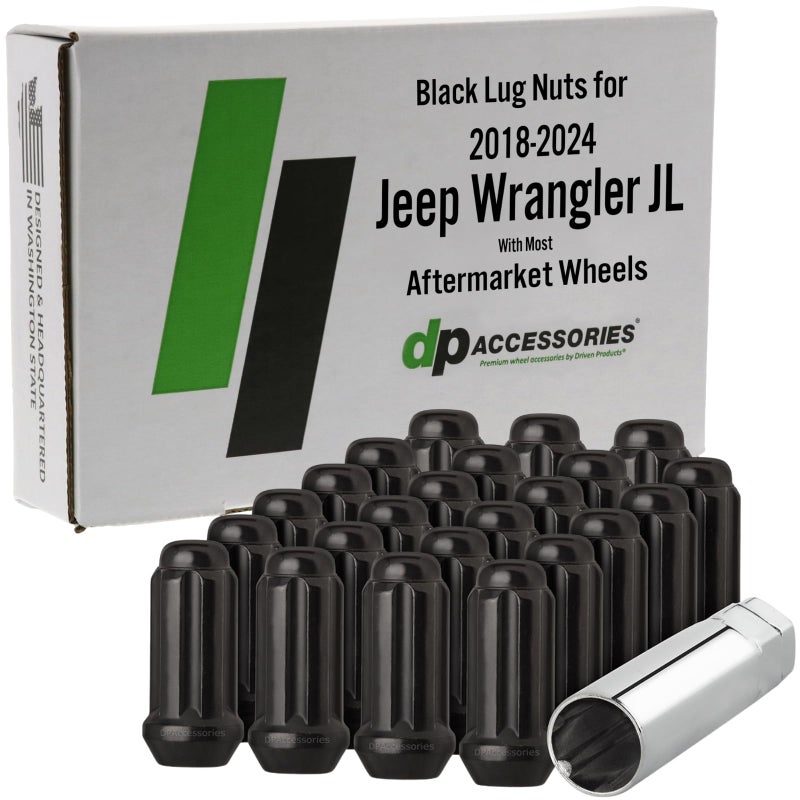 DPAccessories Lug Nuts Compatible with 20182024 Jeep Wrangler JL Black Spline Style Aftermarket Aluminum Wheels Only Set of 23 Wheel Nuts 1 Tool DWRA1ABK023