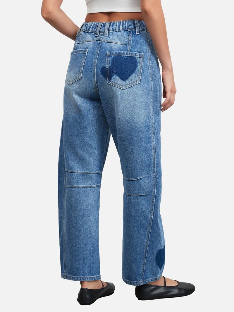 LifeShe Women's Wide Leg Baggy Jeans Low Waist Heart Barrel Jean Boyfriend Loose Denim Pants - Image 3