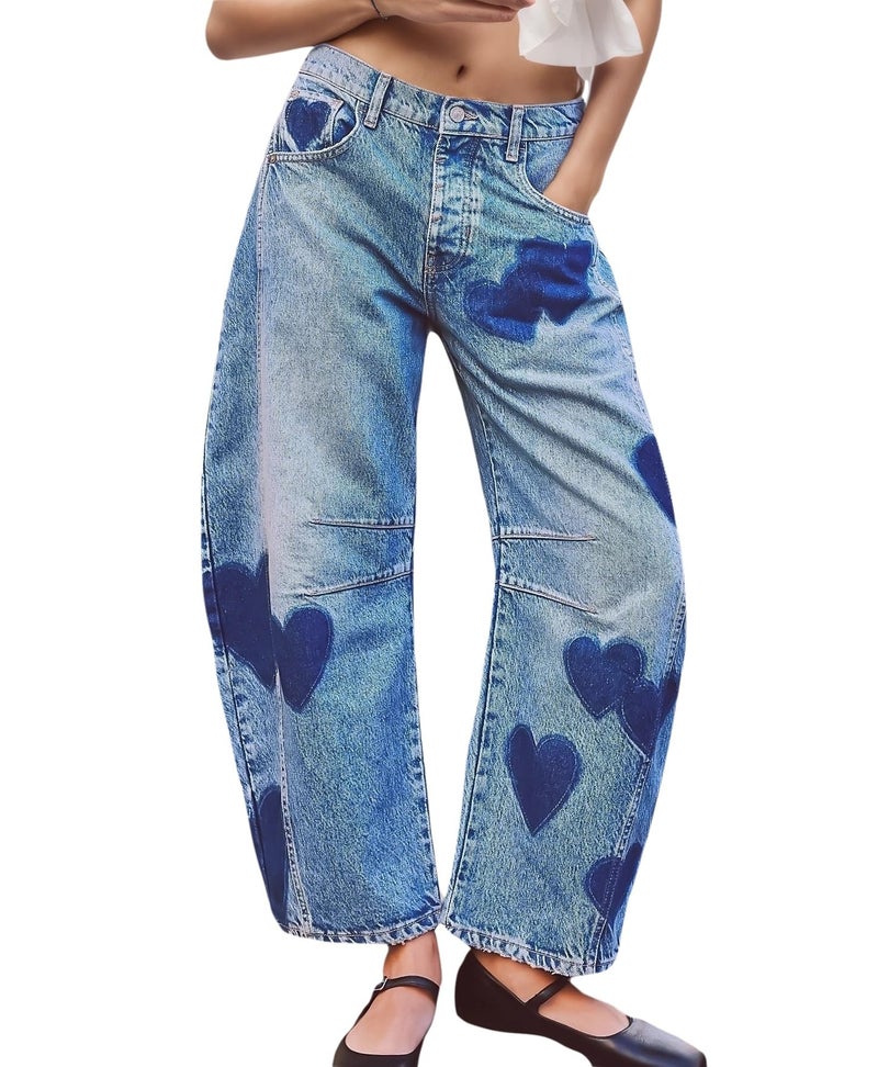 LifeShe Women's Wide Leg Baggy Jeans Low Waist Heart Barrel Jean Boyfriend Loose Denim Pants - Image 1