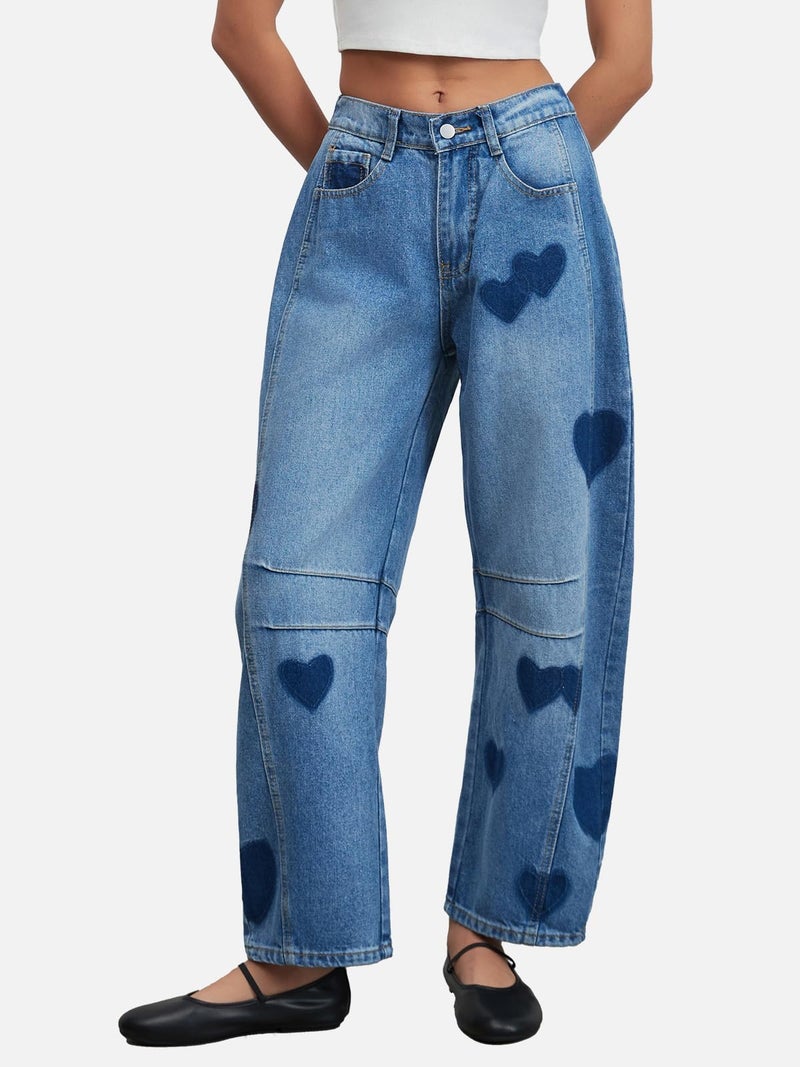 LifeShe Women's Wide Leg Baggy Jeans Low Waist Heart Barrel Jean Boyfriend Loose Denim Pants - Image 2