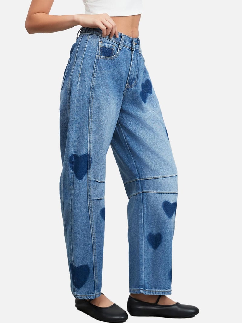 LifeShe Women's Wide Leg Baggy Jeans Low Waist Heart Barrel Jean Boyfriend Loose Denim Pants - Image 4