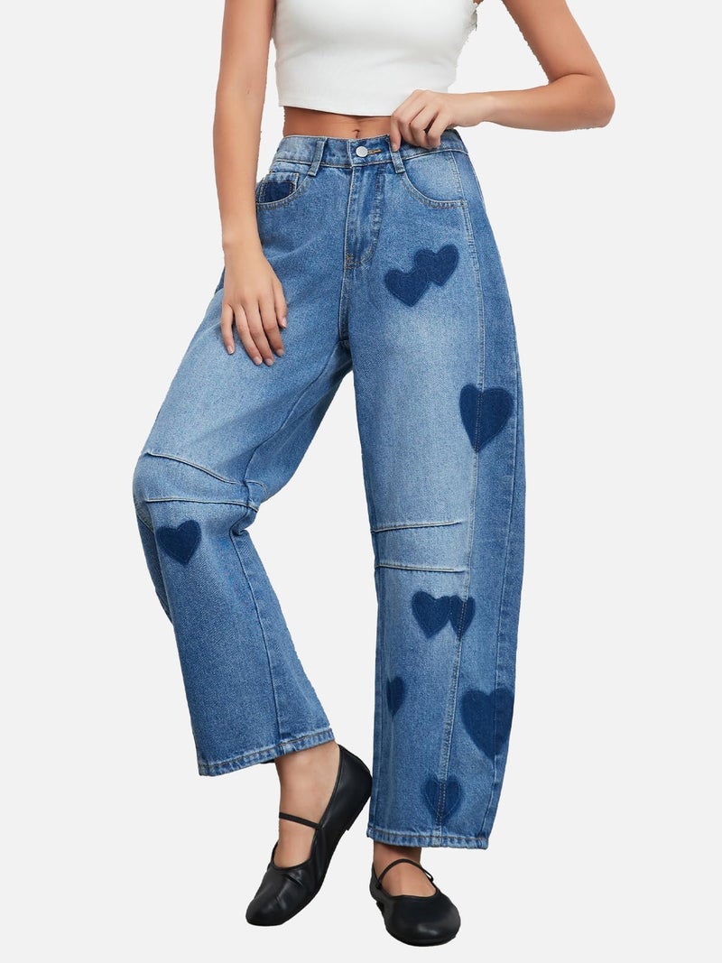 LifeShe Women's Wide Leg Baggy Jeans Low Waist Heart Barrel Jean Boyfriend Loose Denim Pants - Image 5