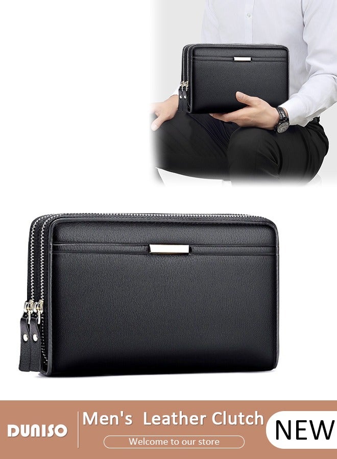 DUNISO Men's Clutch Bag Faux Leather Wallet Bag Large Capacity Light Weight Handbag Portable Envelope Phone Purse with Wrist Strap  - Image 1