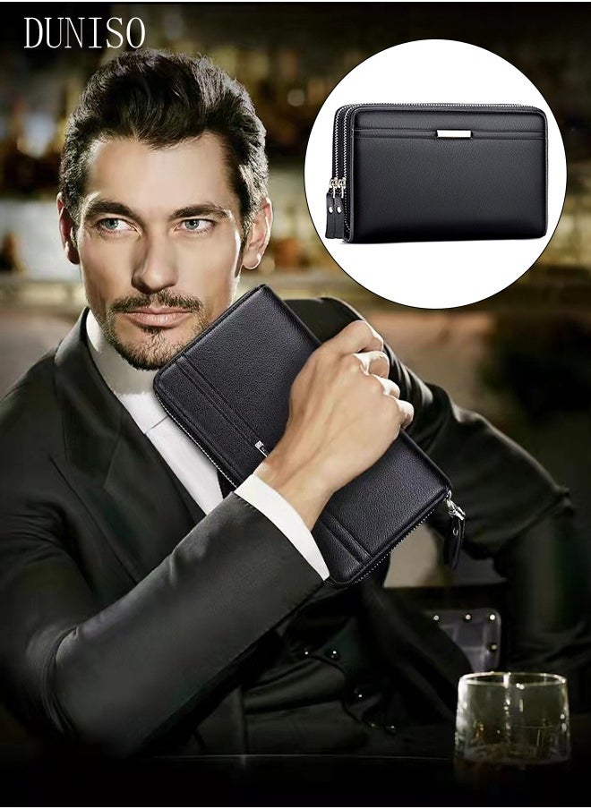 DUNISO Men's Clutch Bag Faux Leather Wallet Bag Large Capacity Light Weight Handbag Portable Envelope Phone Purse with Wrist Strap  - Image 1