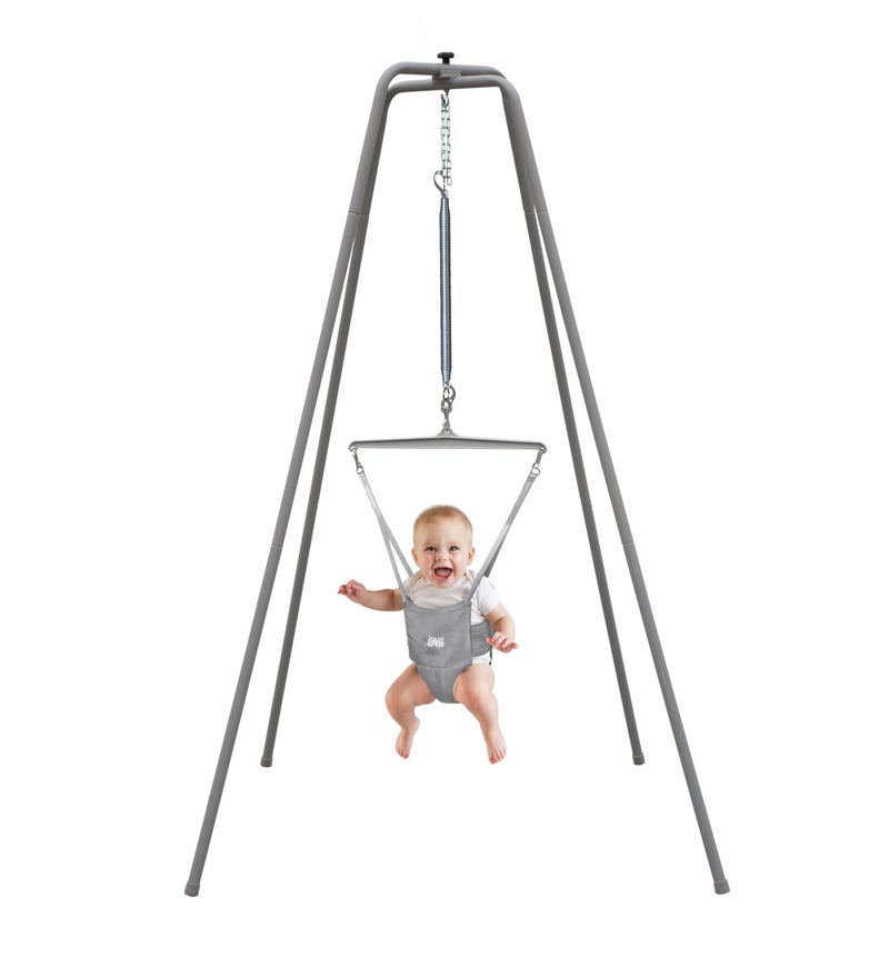 Jolly Jumper Elite (Grey) Baby Exerciser - Sturdy Frame, 6 ft Tall Stand Baby Jumper, Indoor and Outdoor Exercise Saddle Seat, Adjustable Height, for Infants up to 28 lbs - Image 1