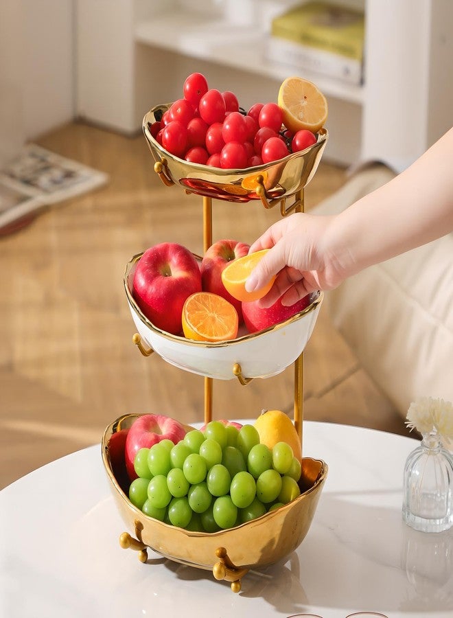XUDREZ 3 Tier Fruit Bowl for Kitchen Counter with Metal Stand, Ceramic White Gold, Tiered Fruit Basket for Nuts, Snacks, Bread, Candy Storage (Gold) - Image 4