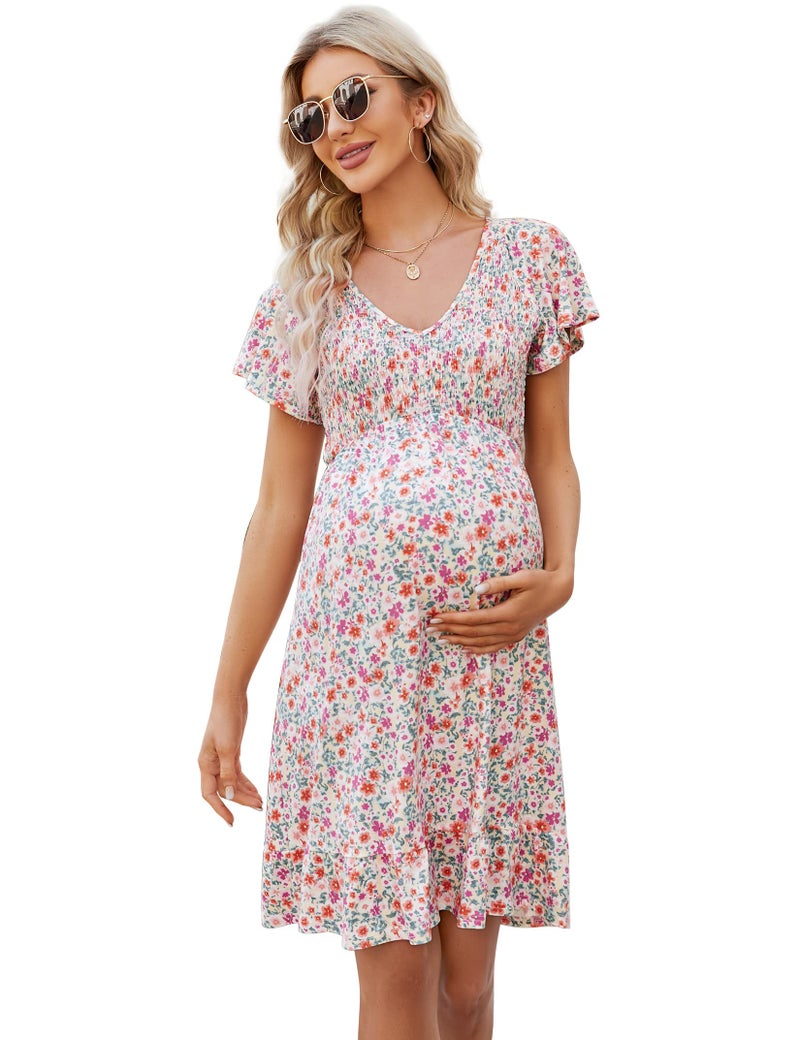 KOJOOIN Women's Maternity Smocked Short Sleeve Summer Dress V Neck Boho Ruffle Casual Swing Midi Dress Baby Shower Photoshoot Purple Yellow Floral M - Image 1