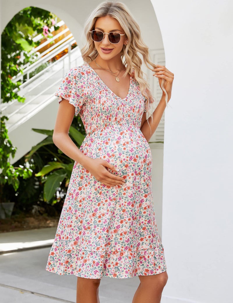 KOJOOIN Women's Maternity Smocked Short Sleeve Summer Dress V Neck Boho Ruffle Casual Swing Midi Dress Baby Shower Photoshoot Purple Yellow Floral M - Image 3