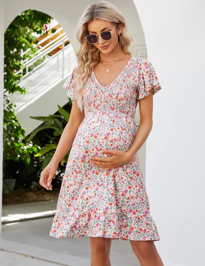 KOJOOIN Women's Maternity Smocked Short Sleeve Summer Dress V Neck Boho Ruffle Casual Swing Midi Dress Baby Shower Photoshoot Purple Yellow Floral M - Image 2