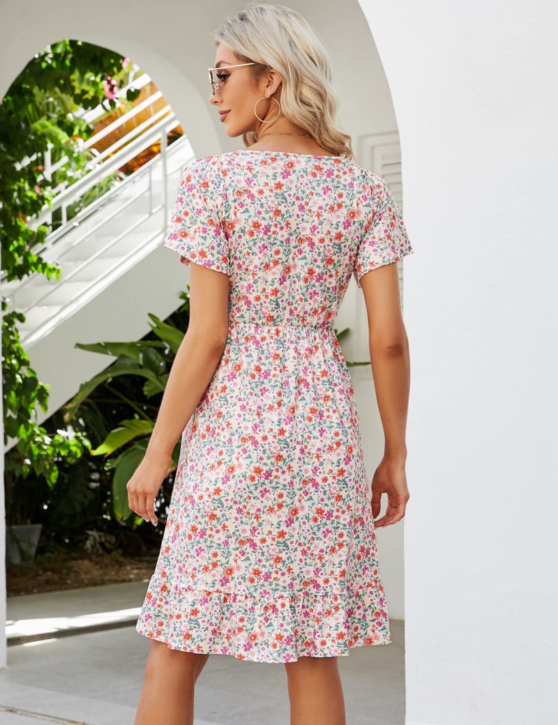 KOJOOIN Women's Maternity Smocked Short Sleeve Summer Dress V Neck Boho Ruffle Casual Swing Midi Dress Baby Shower Photoshoot Purple Yellow Floral M - Image 5