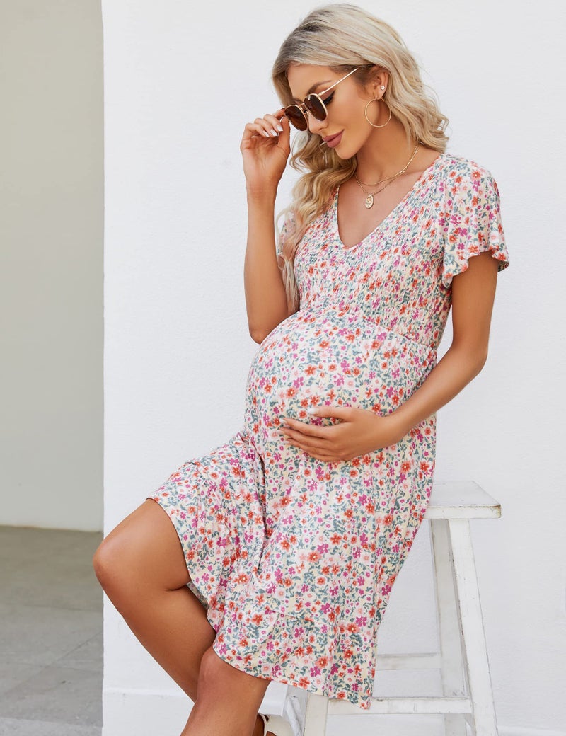 KOJOOIN Women's Maternity Smocked Short Sleeve Summer Dress V Neck Boho Ruffle Casual Swing Midi Dress Baby Shower Photoshoot Purple Yellow Floral M - Image 4