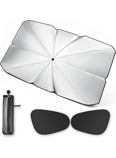 Car Windshield Sun Shade Umbrella, Foldable Titanium Silver Front Window Cover with Rearview Mirror Opening – UV Heat Protection for Sedan SUV, Includes 2 Side Window Shades, Large 140x80cm