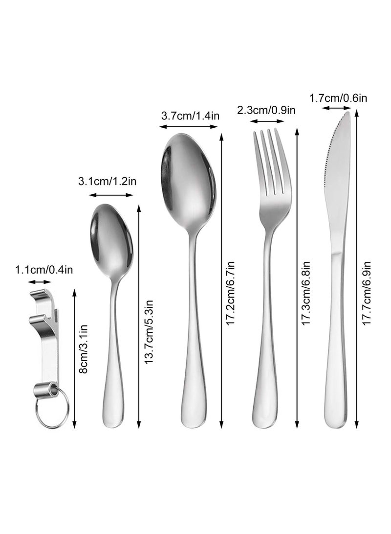 طقم أدوات تناول طعام محمول من الستانلس ستيل 5 قطع مع علبة، يشمل شوكة، سكين، ملعقة، ملعقة شاي، وفتاحة زجاجات، آمن لغسالة الصحون، مثالي للسفر والمدرسة - Image 2