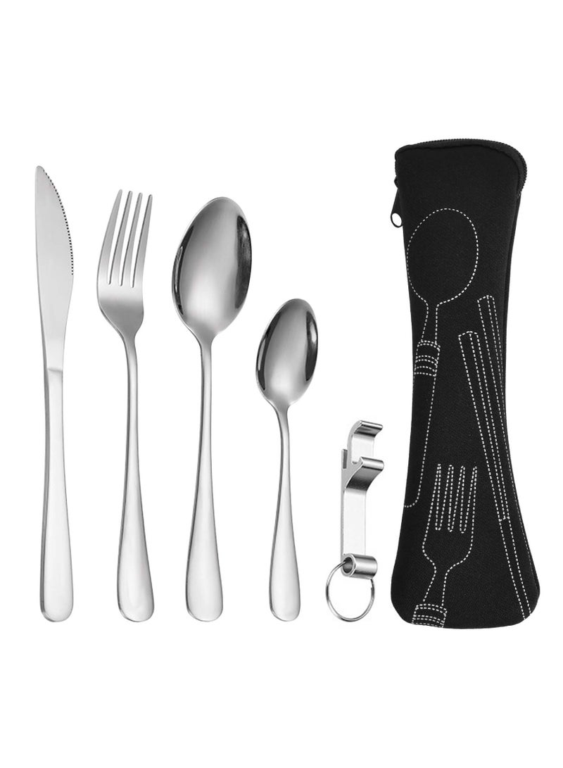 طقم أدوات تناول طعام محمول من الستانلس ستيل 5 قطع مع علبة، يشمل شوكة، سكين، ملعقة، ملعقة شاي، وفتاحة زجاجات، آمن لغسالة الصحون، مثالي للسفر والمدرسة - Image 1