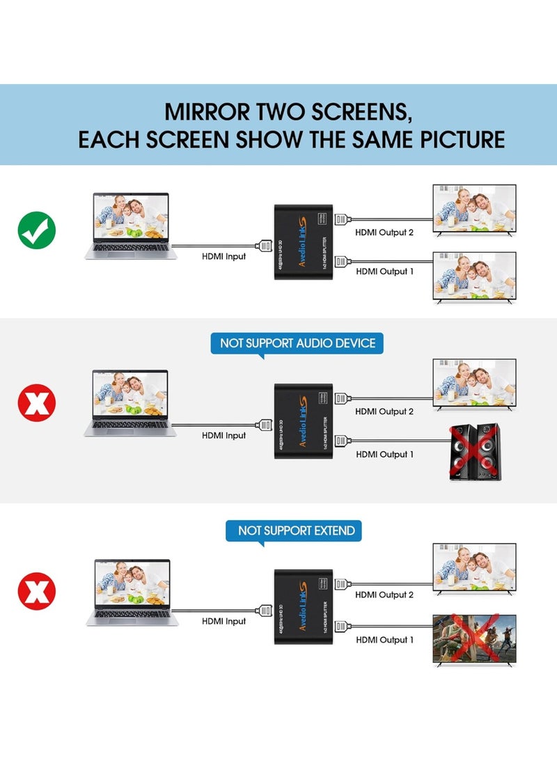 ماركة غير محددة وصلات avedio وصلات 4K @ 60 هرتز HDMI الفاصل 1 في 2 مخرج، 2 طريقة HDMI الفاصل للشاشات المزدوجة، 1x2 HDMI 2.0 موزع فيديو HDMI 2.0 مرآة موزع فيديو فقط، يدعم HDP 1080P HDCP1.4 كامل 1080P 3D HDCP1.4 (مرفق كابل HDMI)  - Image 4