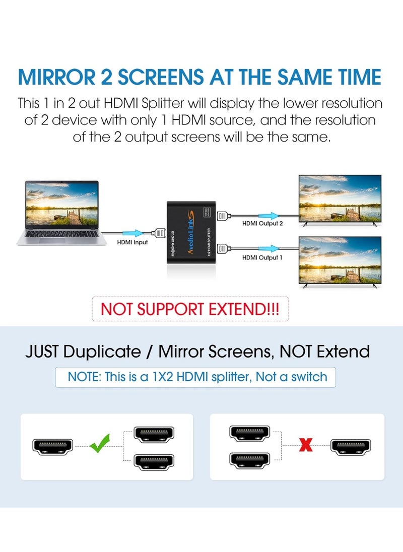 avedio links 4K@60Hz HDMI Splitter 1 in 2 Out, 2 Way HDMI Splitter for Dual Monitors, 1x2 HDMI 2.0 Splitter Video Distributor Mirror Only, Support Full HD 1080P 3D HDCP1.4 (HDMI Cable Included)