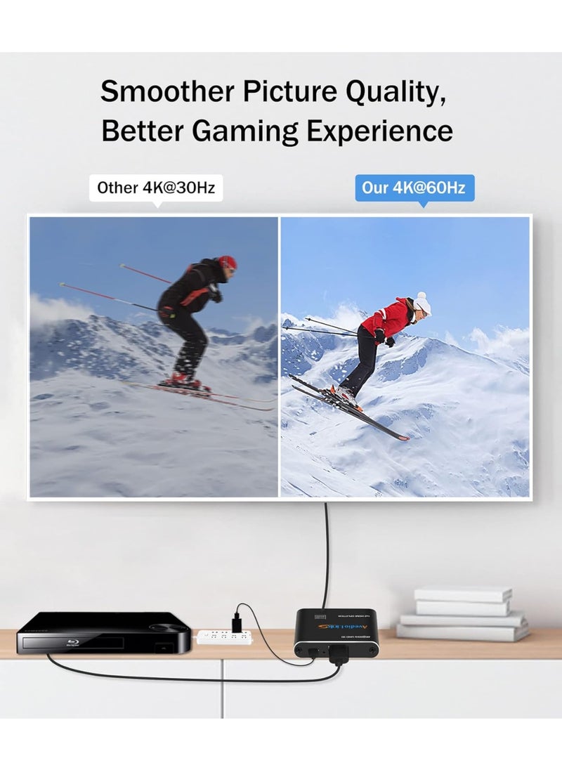 ماركة غير محددة وصلات avedio وصلات 4K @ 60 هرتز HDMI الفاصل 1 في 2 مخرج، 2 طريقة HDMI الفاصل للشاشات المزدوجة، 1x2 HDMI 2.0 موزع فيديو HDMI 2.0 مرآة موزع فيديو فقط، يدعم HDP 1080P HDCP1.4 كامل 1080P 3D HDCP1.4 (مرفق كابل HDMI)  - Image 2