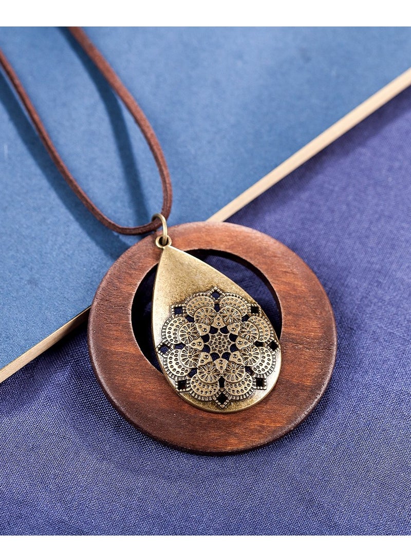 KASTWAVE Womens Pendant Necklace Wood Handmade Jewelry Long Rope Sweater Necklace for Woman Gift,Vintage Style Women, Jewelry,Wood Waterdrop Alloy Pendant Sweater Chain - Image 3