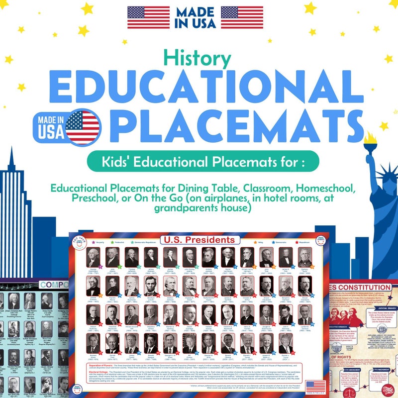 Tot Talk U.S. Presidents Educational Placemat for Kids â€“ Double-Sided, Waterproof & Wipeable â€“ Learn About Presidents, Political Parties, History, Anthem & Landmarks â€“ 17.5" x 11.5", Made in USA - Image 2