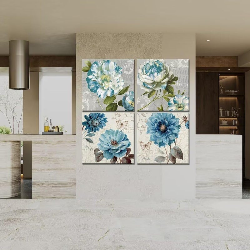 Wall HDQ Blue Flower Wall Art Gray Wall Decor Peony Rose Floral Butterfly Painting for Bathroom Living Room Bedroom Home Decor Abstract Canvas Print Picture Ready to Hang (10''x10'' x4Pcs) - Image 5