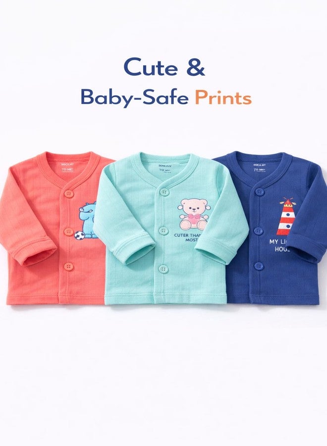 CUTEABLY Newborn Baby Jhabla Set, 100% Soft Cotton, Multicolour Animal Print, Long Sleeve, 0-3 Months, Pack of 3 - Image 2