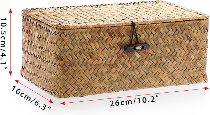 Hipiwe Wicker Shelf Baskets Bin with Lid, Handwoven Seagrass Basket Storage Bins Rectangular Household Basket Boxes for Shelf Wardrobe Home Organizer, Caramel Small - Image 4