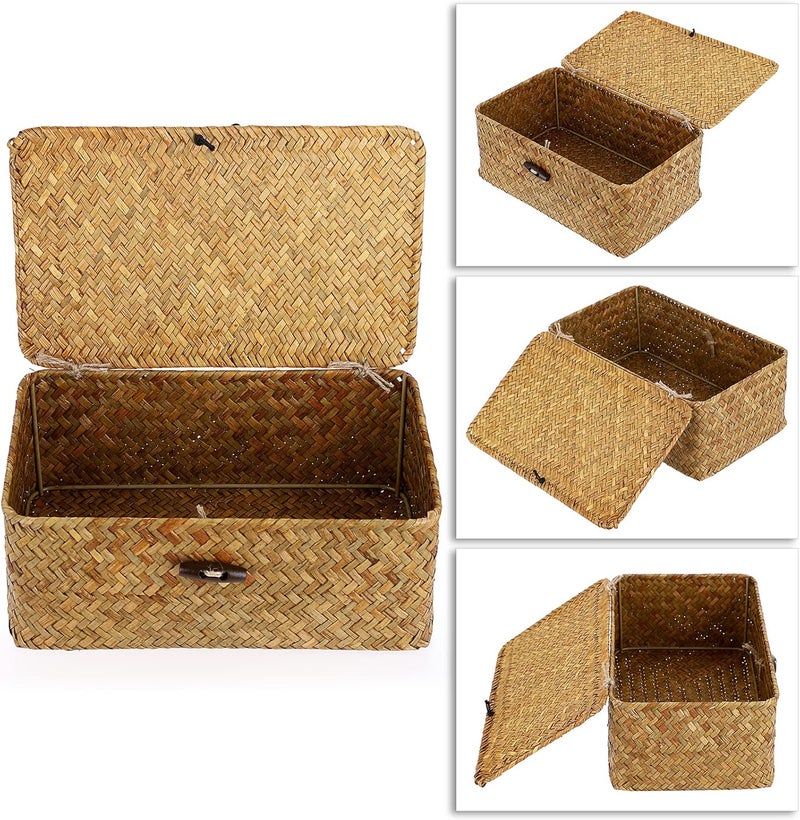 Hipiwe Wicker Shelf Baskets Bin with Lid, Handwoven Seagrass Basket Storage Bins Rectangular Household Basket Boxes for Shelf Wardrobe Home Organizer, Caramel Small - Image 3