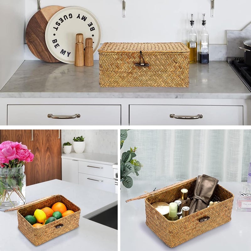 Hipiwe Wicker Shelf Baskets Bin with Lid, Handwoven Seagrass Basket Storage Bins Rectangular Household Basket Boxes for Shelf Wardrobe Home Organizer, Caramel Small - Image 2