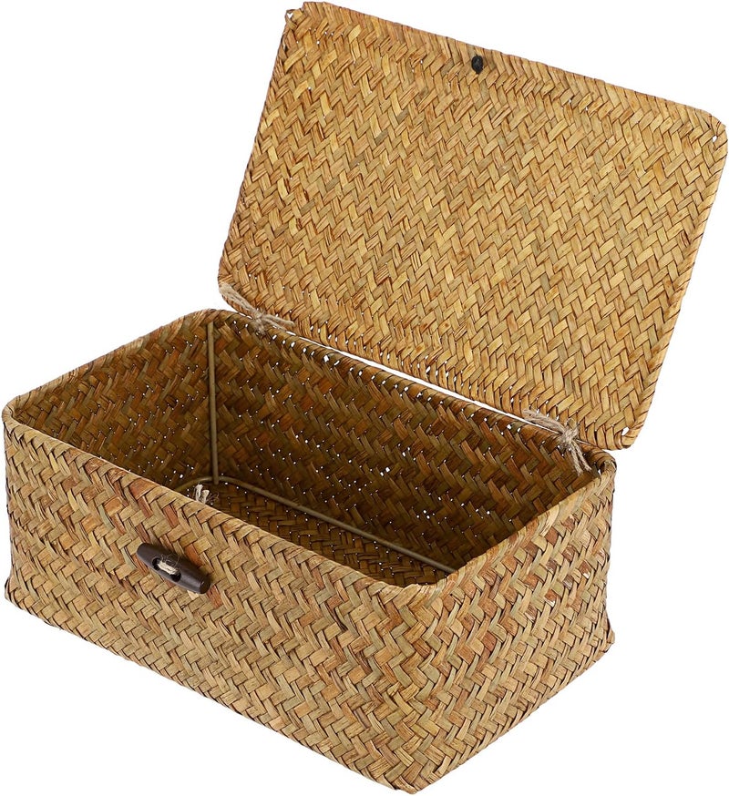 Hipiwe Wicker Shelf Baskets Bin with Lid, Handwoven Seagrass Basket Storage Bins Rectangular Household Basket Boxes for Shelf Wardrobe Home Organizer, Caramel Small - Image 1