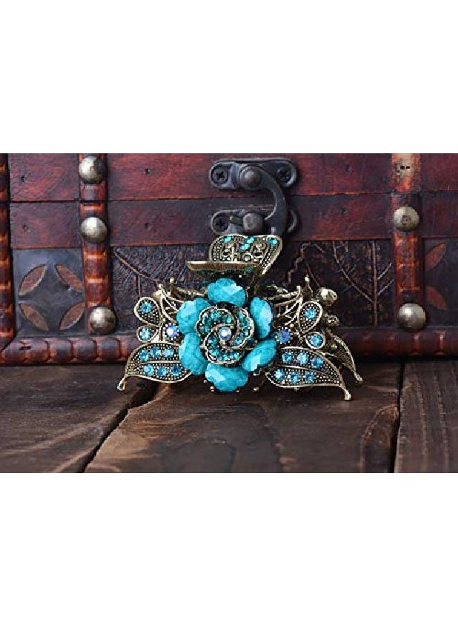 Suoirblss Women Retro Rose Flower Hair Claw Imitation Turquoise Fancy Jaw Clips Pins Fashion Alloy Rhinestone Hair Catch Barrette Hair Updo Grip Hair Accessories (Blue)  - Image 4
