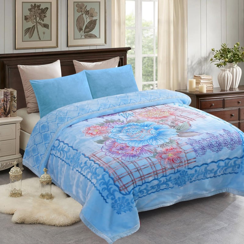 JML Plush Fleece Blanket 87" x 94", 10.5 Pounds Korean Style Mink Blanket King Size for Winter - Soft and Warm, 2 Ply A&B Printed Embossed Raschel Bed Blanket (Blue Flowers) - Image 1