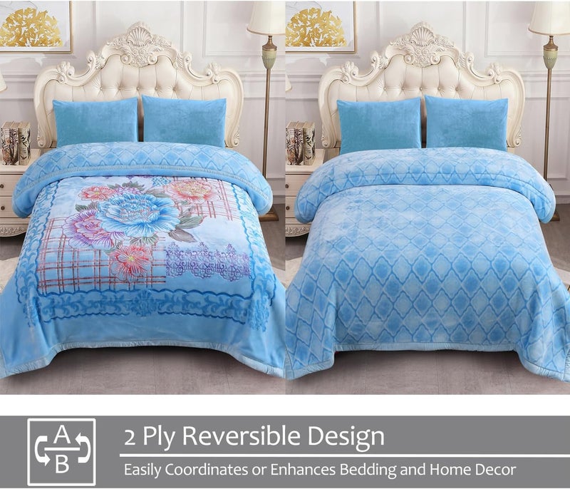 JML Plush Fleece Blanket 87" x 94", 10.5 Pounds Korean Style Mink Blanket King Size for Winter - Soft and Warm, 2 Ply A&B Printed Embossed Raschel Bed Blanket (Blue Flowers) - Image 3