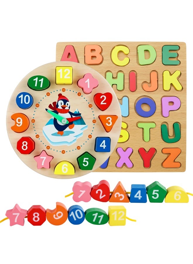Neobloom Wooden Clock & Alphabet Puzzle Set – Montessori Learning Toy for Kids Age 3–5 | Teach Time, ABC, Shapes & Fine Motor Skills | Safe Non-Toxic Wooden Educational Toy for Toddlers & Preschool - Image 1