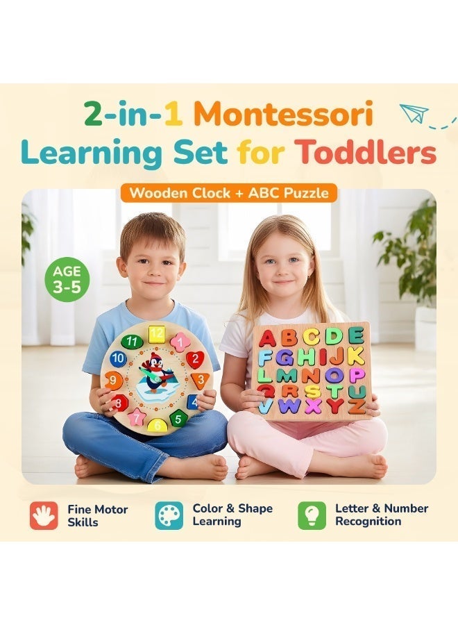 Neobloom Wooden Clock & Alphabet Puzzle Set – Montessori Learning Toy for Kids Age 3–5 | Teach Time, ABC, Shapes & Fine Motor Skills | Safe Non-Toxic Wooden Educational Toy for Toddlers & Preschool - Image 3