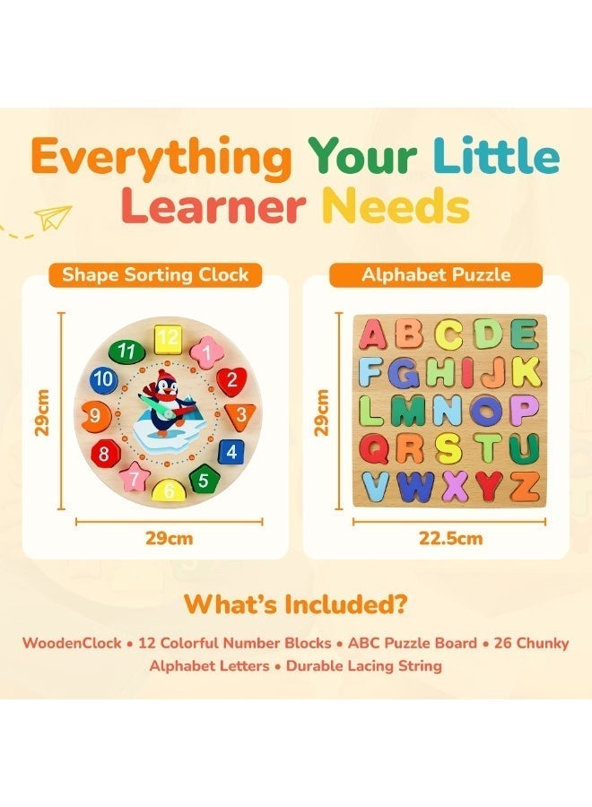 Neobloom Wooden Clock & Alphabet Puzzle Set – Montessori Learning Toy for Kids Age 3–5 | Teach Time, ABC, Shapes & Fine Motor Skills | Safe Non-Toxic Wooden Educational Toy for Toddlers & Preschool - Image 2