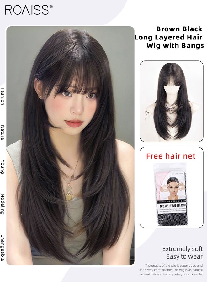 roaiss Brown Black Long Layered Hair Wig with Bangs for Women Natural Invisibility Soft Fluffy Synthetic Heat Resistant Wig for Wedding Cosplay Party Daily Use, 50cm (19.7in) - Image 1