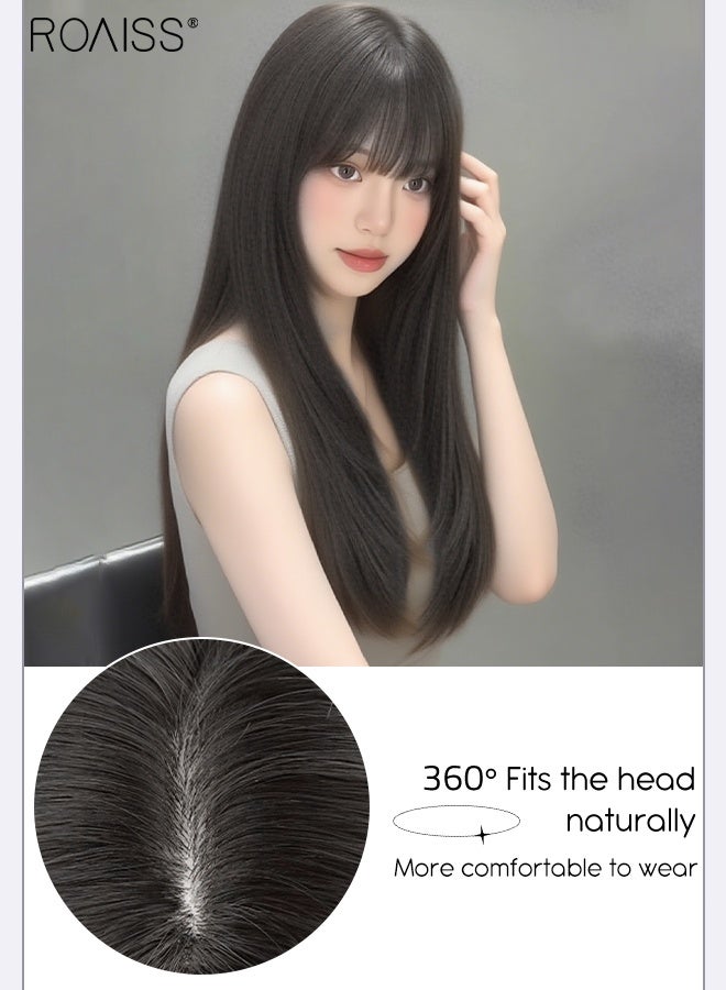 roaiss Brown Black Long Layered Hair Wig with Bangs for Women Natural Invisibility Soft Fluffy Synthetic Heat Resistant Wig for Wedding Cosplay Party Daily Use, 50cm (19.7in) - Image 4