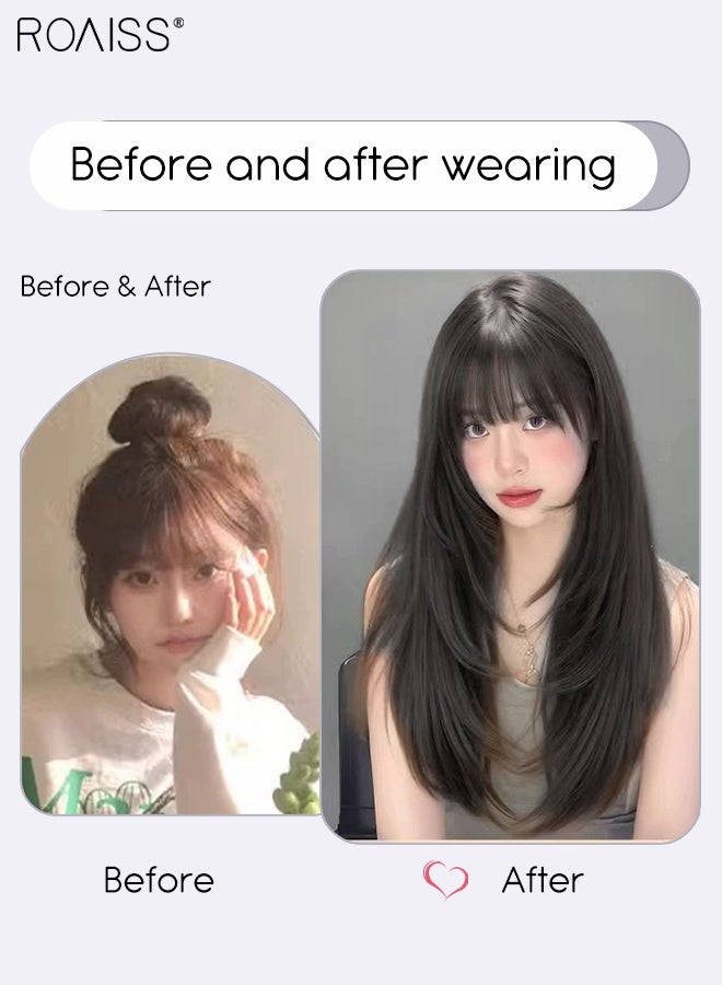 roaiss Brown Black Long Layered Hair Wig with Bangs for Women Natural Invisibility Soft Fluffy Synthetic Heat Resistant Wig for Wedding Cosplay Party Daily Use, 50cm (19.7in) - Image 2