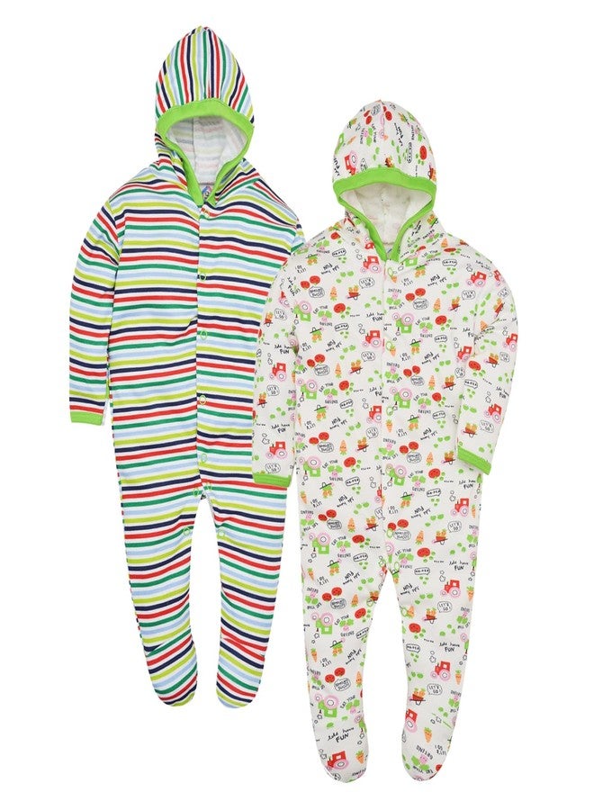 Magic Town® 100% Cotton Unisex Hooded Rompers for Kids and Infants Set of 2 (Green) (9-12 Months) - Image 1