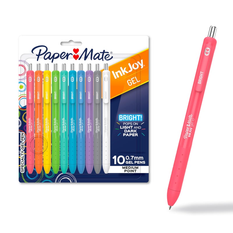 Paper Mate InkJoy Gel Bright Pens, Medium Point (0.7mm), Retractable, Assorted Brighter Colors, 10 Count - Colorful, Office Supplies, Journaling, Doodling - Image 1